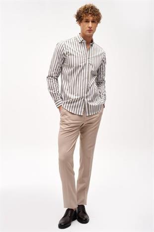 Haki Dynamic Fit  Düğmeli Yaka Çizgili Uzun Kollu Cepsiz %100 Pamuk Gömlek