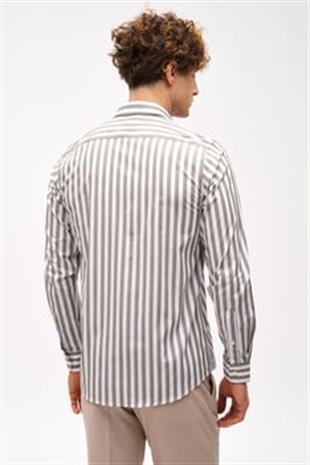 Haki Dynamic Fit  Düğmeli Yaka Çizgili Uzun Kollu Cepsiz %100 Pamuk Gömlek