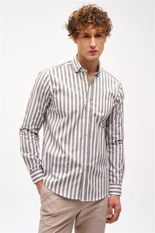 Haki Dynamic Fit  Düğmeli Yaka Çizgili Uzun Kollu Cepsiz %100 Pamuk Gömlek