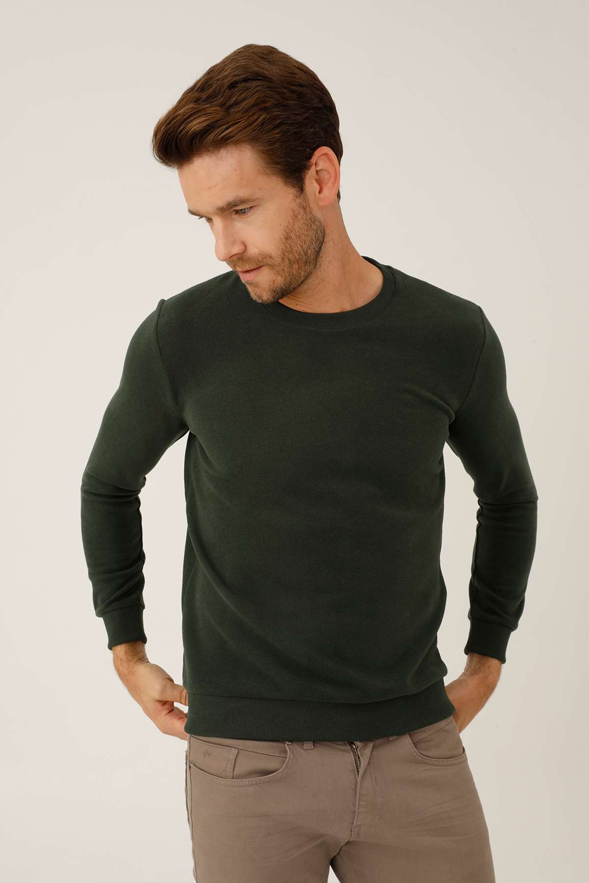 Haki Regular Fit Rahat Kalıp Bisiklet Yaka Düz Uzun Kollu  Triko