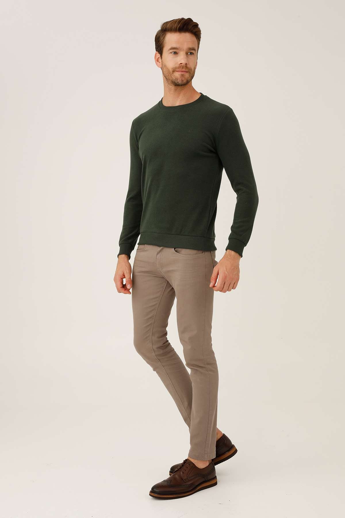 Haki Regular Fit Rahat Kalıp Bisiklet Yaka Düz Uzun Kollu  Triko