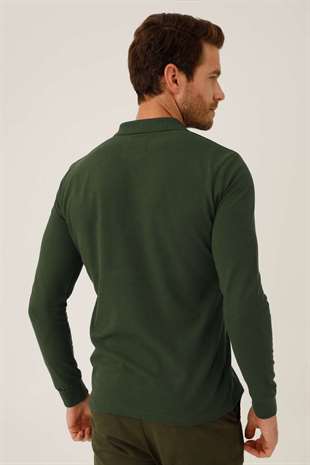 Erkek Haki  Polo Yaka Düğmeli Sweatshirt