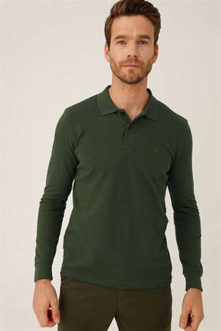 Erkek Haki  Polo Yaka Düğmeli Sweatshirt