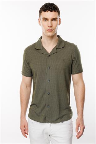 Haki Dynamic Fit  Apaç Yaka Düz Kısa Kollu Cepsiz Pamuklu Gömlek