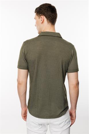 Haki Dynamic Fit  Apaç Yaka Düz Kısa Kollu Cepsiz Pamuklu Gömlek