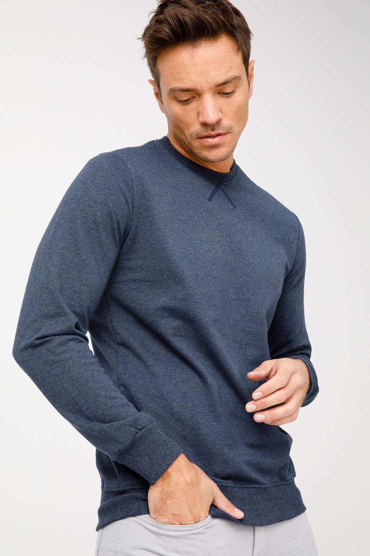 Erkek İndigo Modernfit / Ekstra Dar Kalıp Bisiklet Yaka Sweatshirt