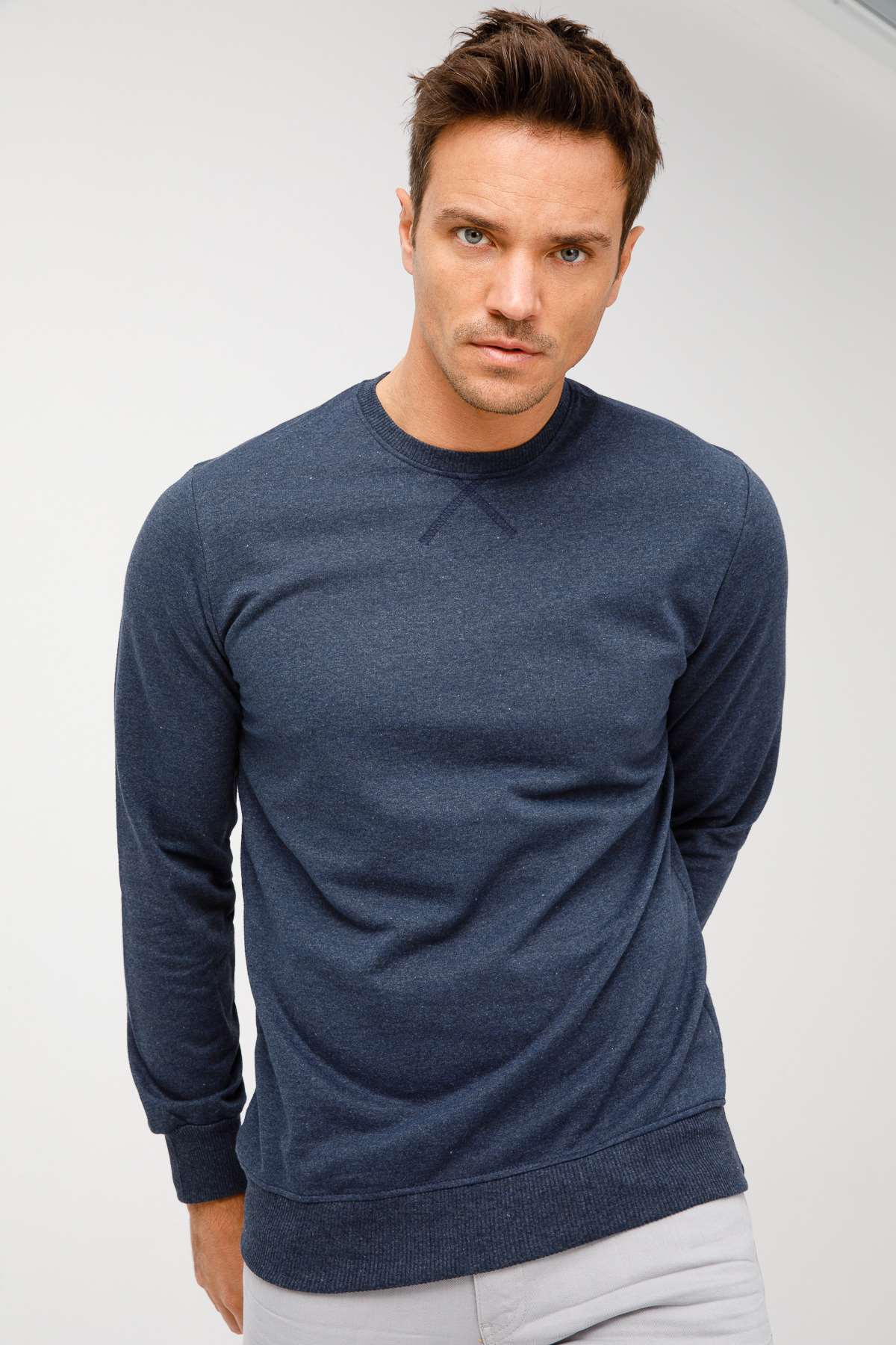 Erkek İndigo Modernfit / Ekstra Dar Kalıp Bisiklet Yaka Sweatshirt