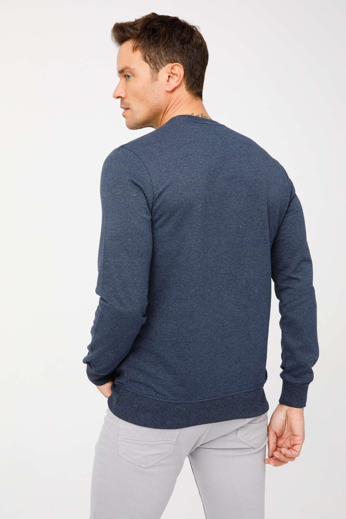 Erkek İndigo Modernfit / Ekstra Dar Kalıp Bisiklet Yaka Sweatshirt