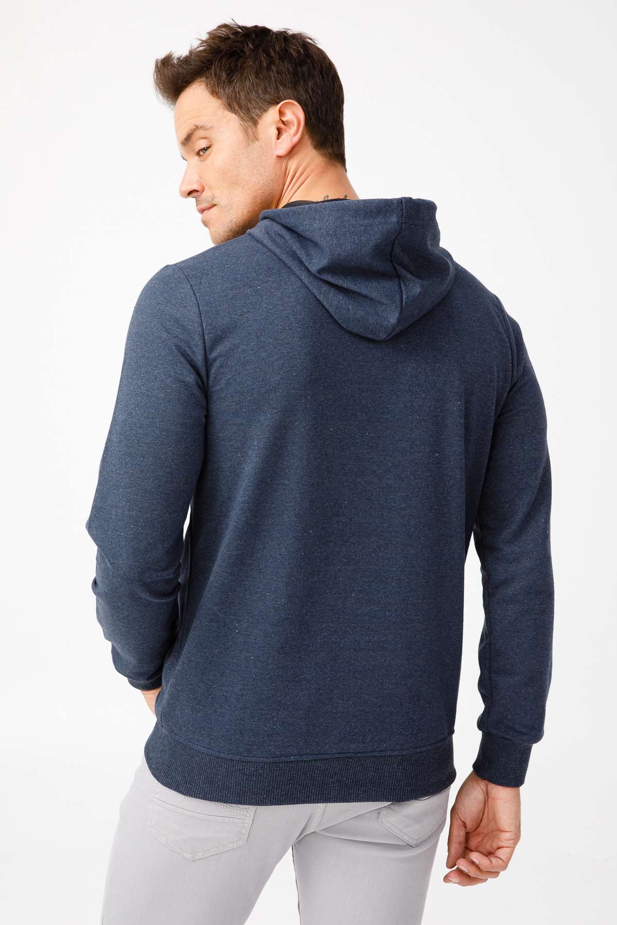 Erkek İndigo Modernfit / Ekstra Dar Kalıp Kapşonlu Fermuarsız Sweatshirt