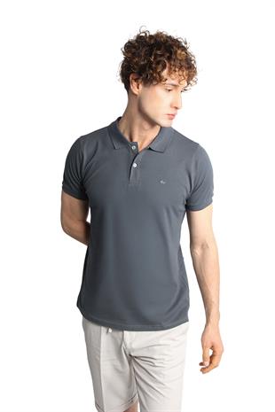 Koyu Gri Modern Fit Dar Kalıp Polo Yaka Düz Kısa Kollu  %100 Pamuk Tişört