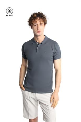 Koyu Gri Modern Fit Dar Kalıp Polo Yaka Düz Kısa Kollu  %100 Pamuk Tişört