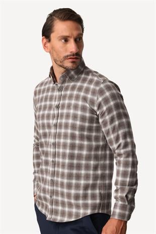 Erkek Kahve Tonlu Desenli Dynamic Fit Gömlek – Uzun Kollu