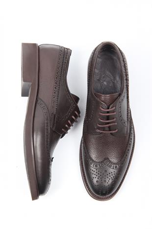 Kahve Deri Klasik Erkek Ayakkabı Brogue Detaylı Bağcıklı Model