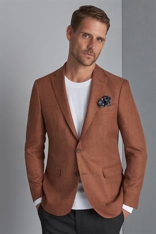 Erkek Kiremit Slim Fit / Dar Kalıp Mono Yaka Ceket