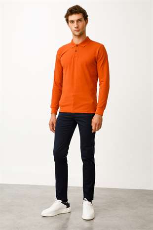 Erkek Kiremit  Polo Yaka Düğmeli Sweatshirt