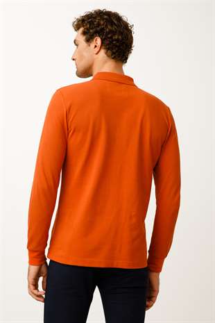 Erkek Kiremit  Polo Yaka Düğmeli Sweatshirt