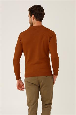 Kiremit Standart Fit Dar Kalıp Polo Yaka Düz Uzun Kollu  Triko