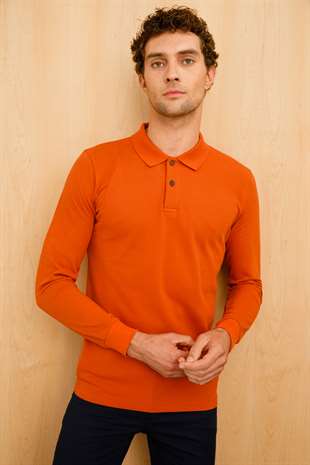 Erkek Kiremit  Polo Yaka Düğmeli Sweatshirt