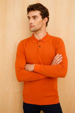 Erkek Kiremit  Polo Yaka Düğmeli Sweatshirt