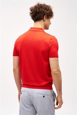 Kırmızı Slim Fit Dar Kalıp Polo Yaka Düz Kısa Kollu Triko Tişört