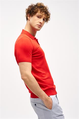 Kırmızı Slim Fit Dar Kalıp Polo Yaka Düz Kısa Kollu Triko Tişört