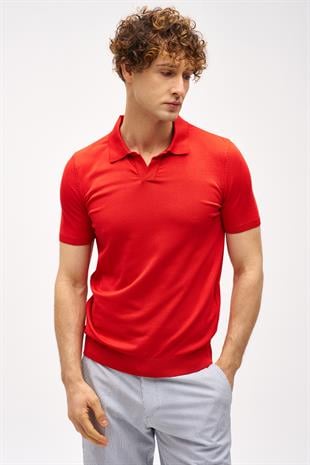 Kırmızı Slim Fit Dar Kalıp Polo Yaka Düz Kısa Kollu Triko Tişört