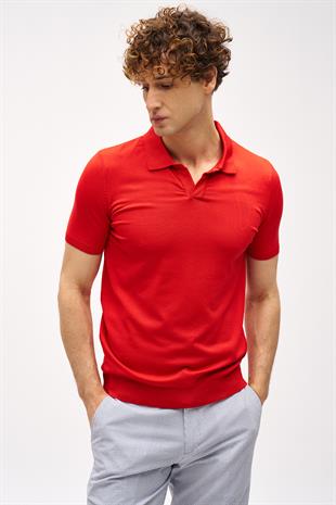 Kırmızı Slim Fit Dar Kalıp Polo Yaka Düz Kısa Kollu Triko Tişört