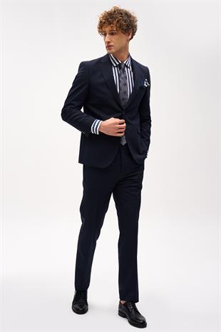 Erkek Lacivert Barı (4 Drop)  / Geniş Kalıp Sivri Yaka Takım Elbise