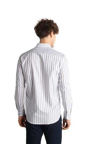 Lacivert Dynamic Fit  Düğmeli Yaka Çizgili Uzun Kollu Cepsiz %100 Pamuk Gömlek