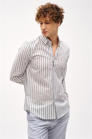 Lacivert Dynamic Fit  Düğmeli Yaka Çizgili Uzun Kollu Cepsiz Pamuklu Gömlek