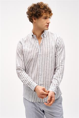 Lacivert Dynamic Fit  Düğmeli Yaka Çizgili Uzun Kollu Cepsiz Pamuklu Gömlek