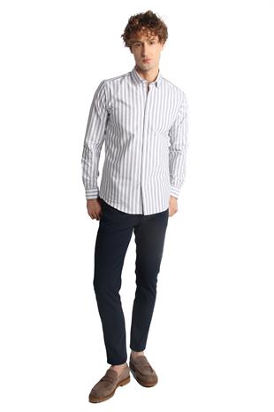 Lacivert Dynamic Fit  Düğmeli Yaka Çizgili Uzun Kollu Cepsiz %100 Pamuk Gömlek