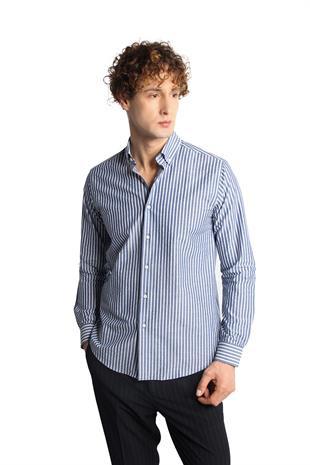 Lacivert Dynamic Fit  Düğmeli Yaka Çizgili Uzun Kollu Cepsiz %100 Pamuk Gömlek