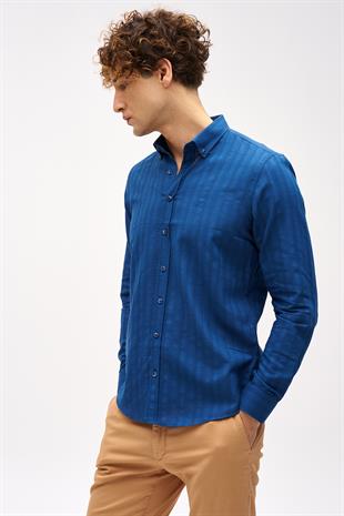 Lacivert Dynamic Fit  Düğmeli Yaka Çizgili Uzun Kollu Cepsiz %100 Pamuk Gömlek