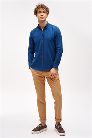 Lacivert Dynamic Fit  Düğmeli Yaka Çizgili Uzun Kollu Cepsiz %100 Pamuk Gömlek