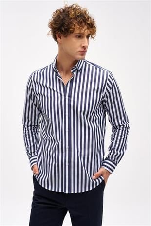 Lacivert Dynamic Fit  Düğmeli Yaka Çizgili Uzun Kollu Cepsiz %100 Pamuk Gömlek