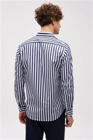 Lacivert Dynamic Fit  Düğmeli Yaka Çizgili Uzun Kollu Cepsiz %100 Pamuk Gömlek