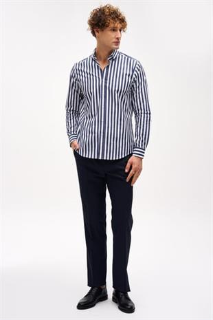 Lacivert Dynamic Fit  Düğmeli Yaka Çizgili Uzun Kollu Cepsiz %100 Pamuk Gömlek