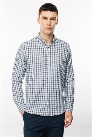 Lacivert Dynamic Fit  Düğmeli Yaka Ekose Uzun Kollu Cepsiz Pamuklu Gömlek