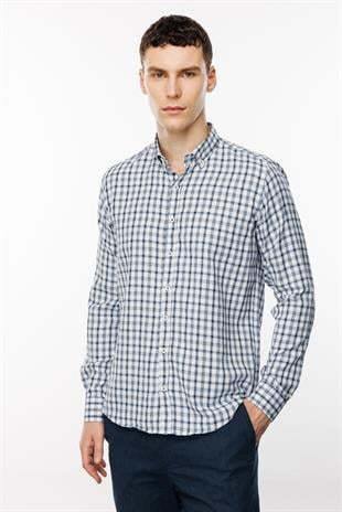 Lacivert Dynamic Fit  Düğmeli Yaka Ekose Uzun Kollu Cepsiz Pamuklu Gömlek