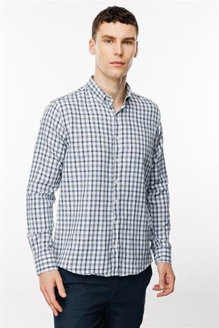 Lacivert Dynamic Fit  Düğmeli Yaka Ekose Uzun Kollu Cepsiz Pamuklu Gömlek