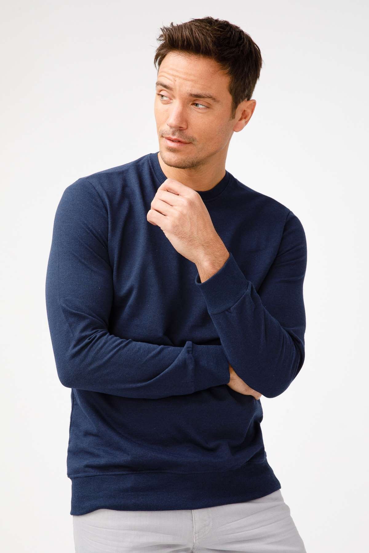 Erkek Lacivert Modernfit / Ekstra Dar Kalıp Bisiklet Yaka Sweatshirt