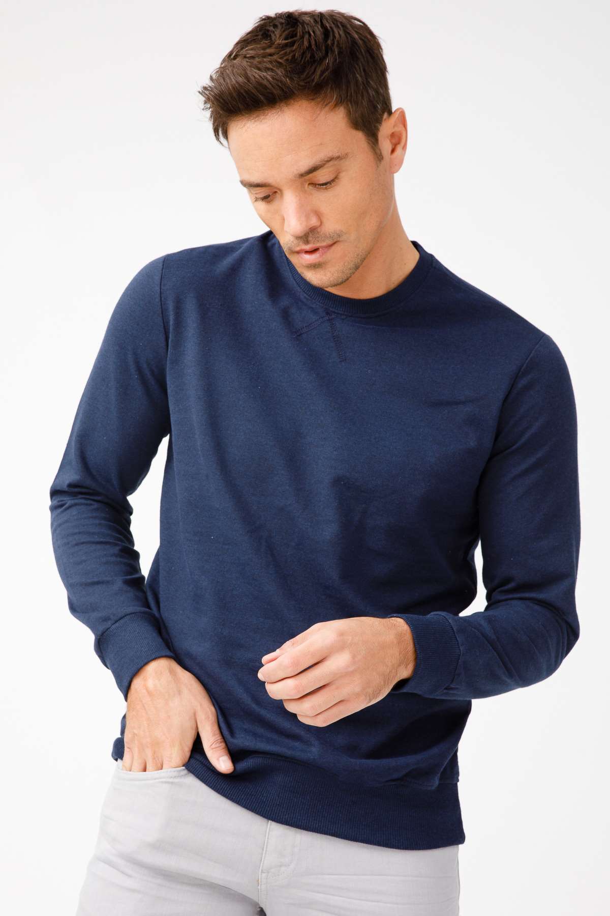 Erkek Lacivert Modernfit / Ekstra Dar Kalıp Bisiklet Yaka Sweatshirt