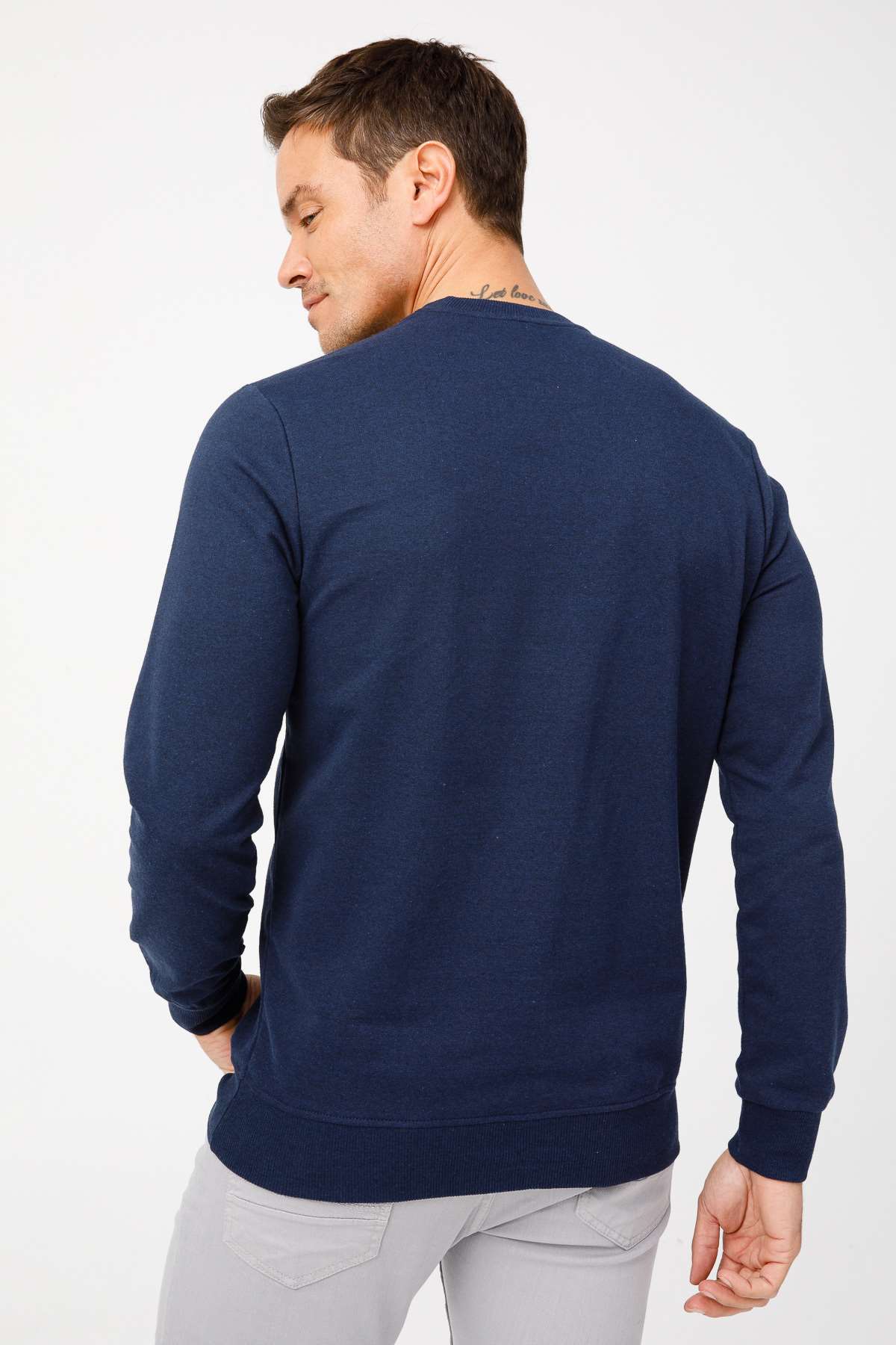 Erkek Lacivert Modernfit / Ekstra Dar Kalıp Bisiklet Yaka Sweatshirt