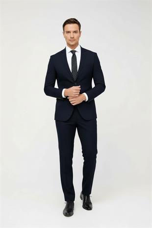 Erkek Lacivert Slim Fit Dar Kalıp Klasik Takım Elbise