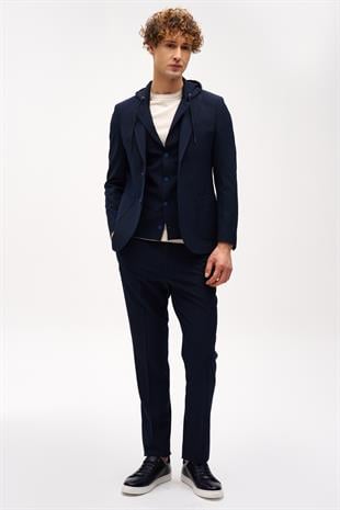 Erkek Lacivert Slim Fit / Dar Kalıp Mono Yaka Kombinli Takım Elbise