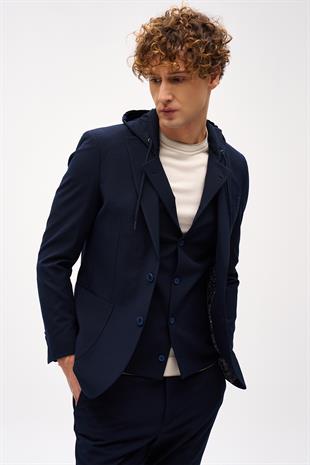 Erkek Lacivert Slim Fit / Dar Kalıp Mono Yaka Kombinli Takım Elbise