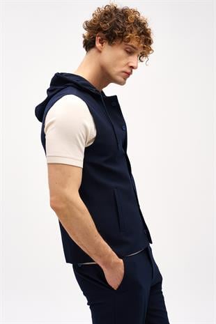 Erkek Lacivert Slim Fit / Dar Kalıp Mono Yaka Kombinli Takım Elbise