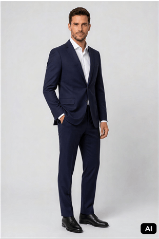 Erkek Lacivert Slim Fit Dar Kalıp Mono Yaka Takım Elbise