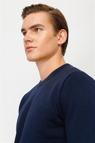 Erkek Lacivert  Bisiklet Yaka Sweatshirt